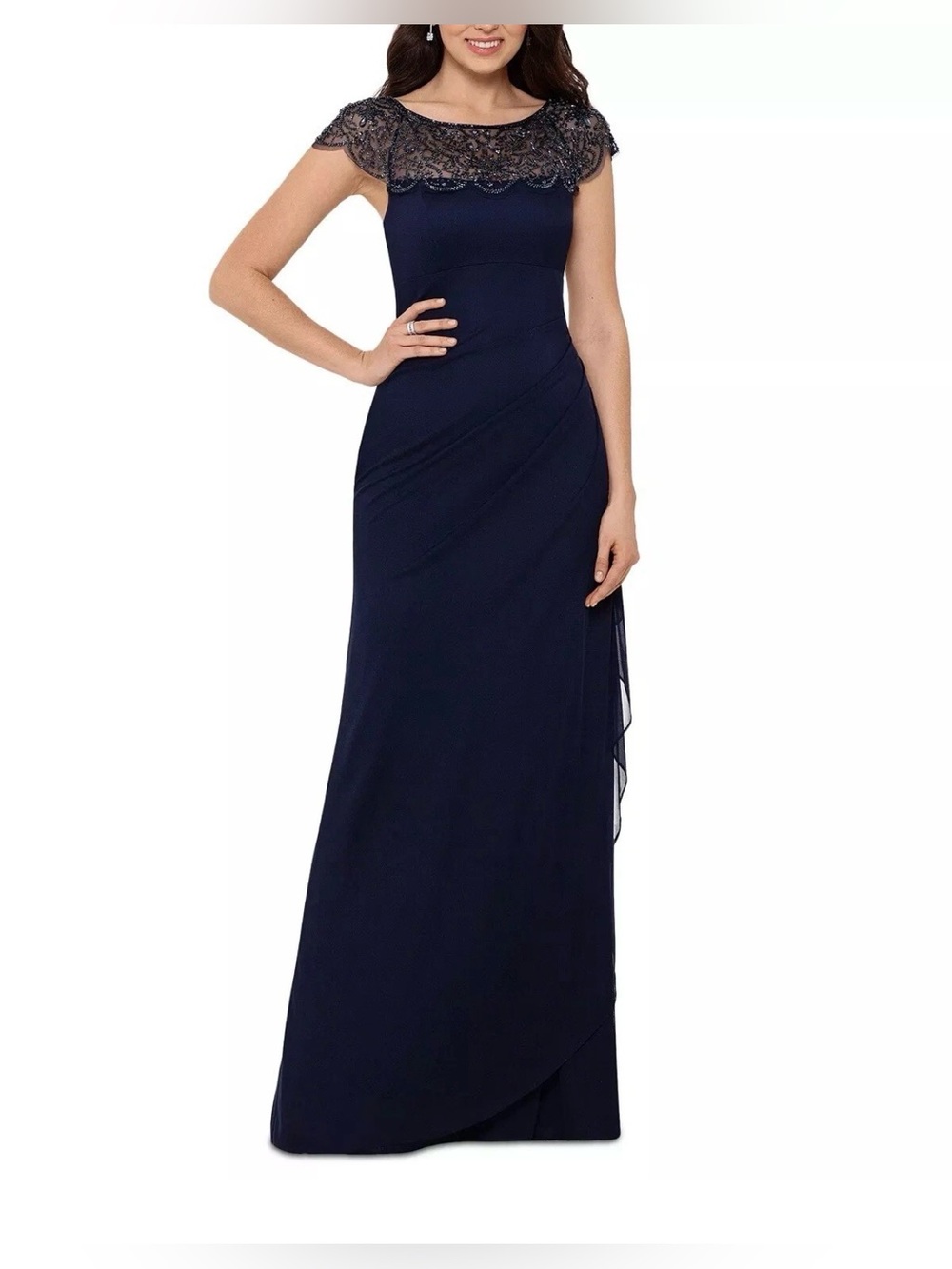 Xscape "KHLOE" Black Beaded Sheer Matte Jersey Embellished Maxi Dress NWT Size 8